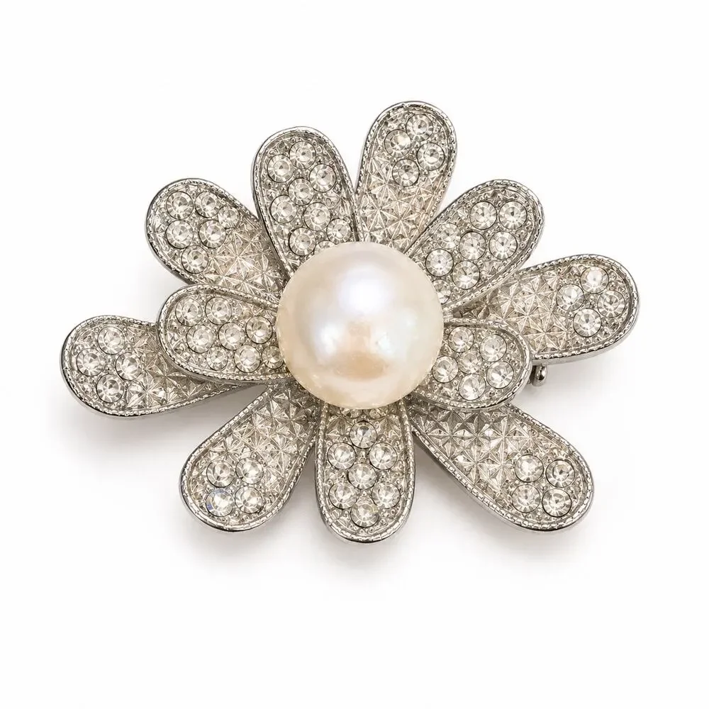 Vintage Statement Flower Brooch Large Rhinestone Crystal Floral Pin Faux Pearl